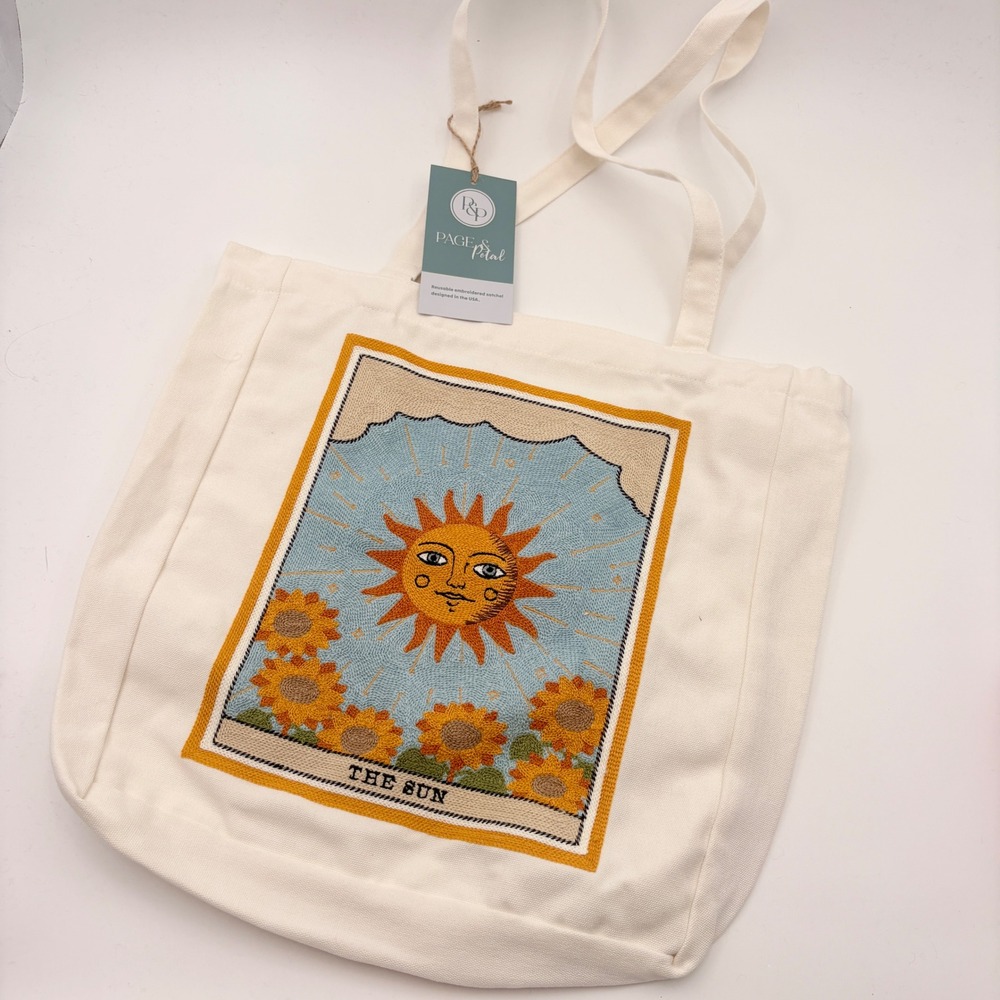 Page & Petal The Sun Tarot Card Embroidered Canvas Tote Bag Sunflowers Cream NEW